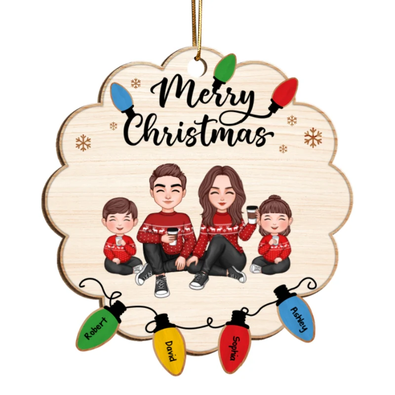 Cute Christmas Family Sitting Lightstring Personalized Wooden Ornament - Image 5