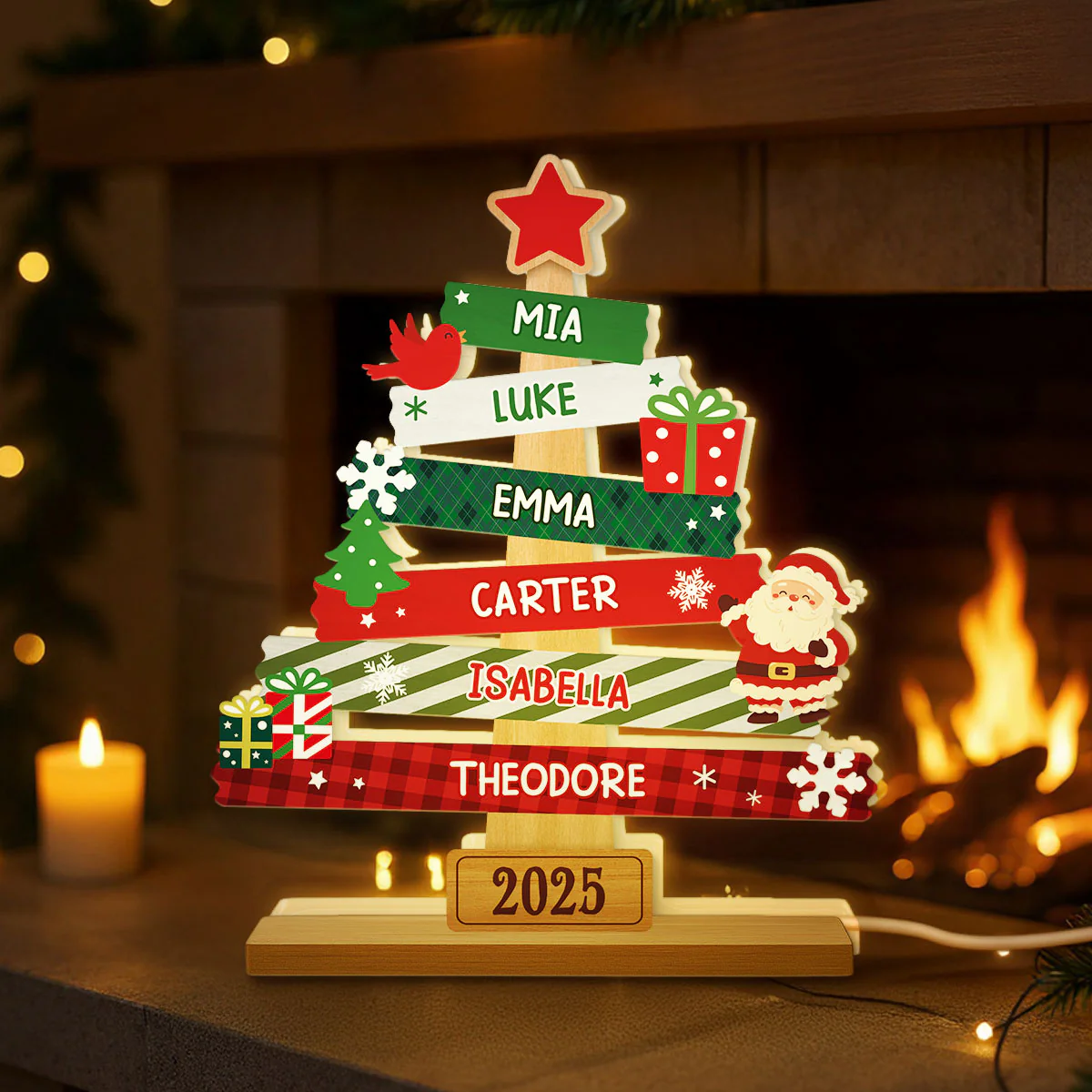 3D Effect Cute Christmas Tree Family Names Personalized LED Light Box