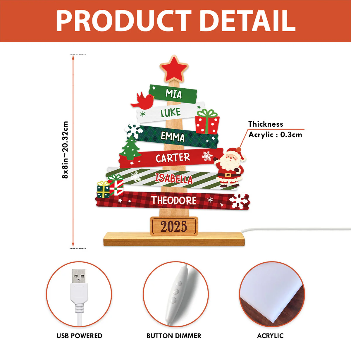 3D Effect Cute Christmas Tree Family Names Personalized LED Light Box - Image 5