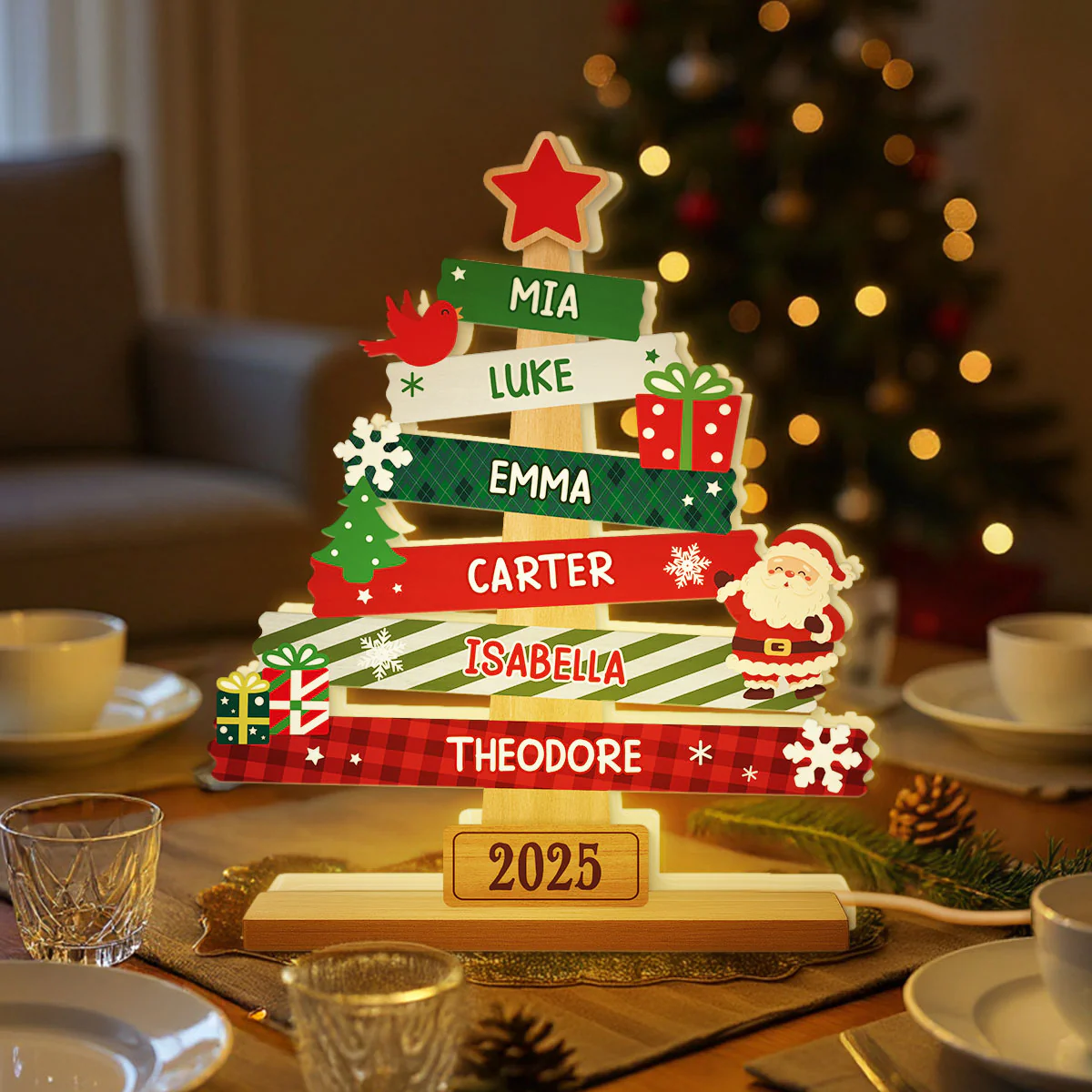 3D Effect Cute Christmas Tree Family Names Personalized LED Light Box - Image 8