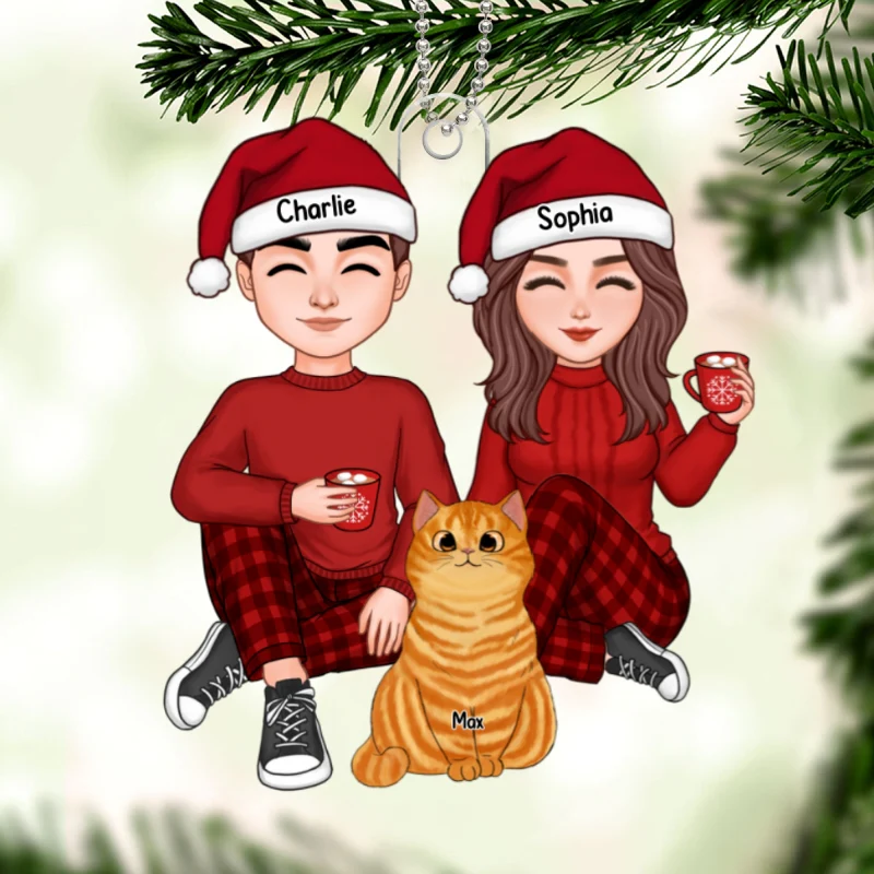 Cute Couple And Fluffy Cats You Me And The Cats Christmas Gift Personalized Acrylic Ornament - Image 5