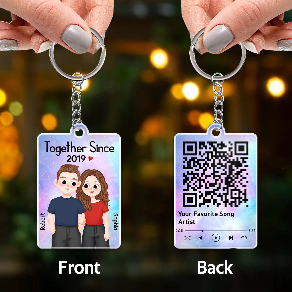 Cute Couple Illustration Together Since Favorite Song QR Code Personalized Acrylic Keychain - Image 3