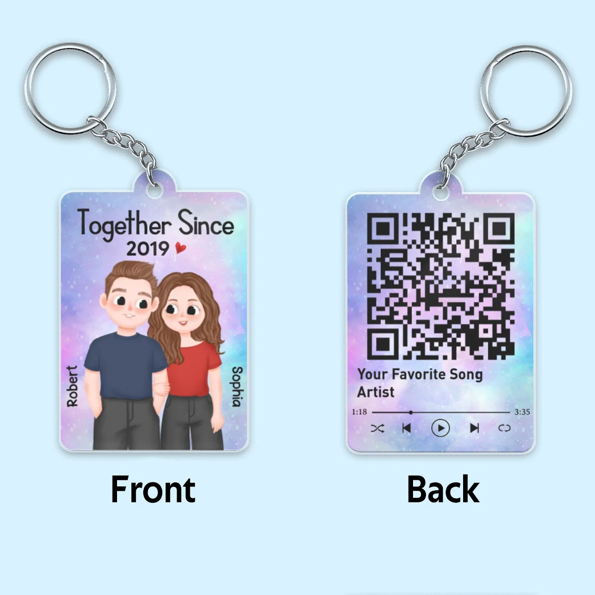 Cute Couple Illustration Together Since Favorite Song QR Code Personalized Acrylic Keychain - Image 4