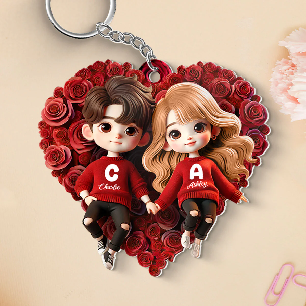 Cute Couple Lying On Rose Heart Personalized Acrylic Keychain, Gift For Him, Gift For Her, Gift For Valentine's Day - Image 2