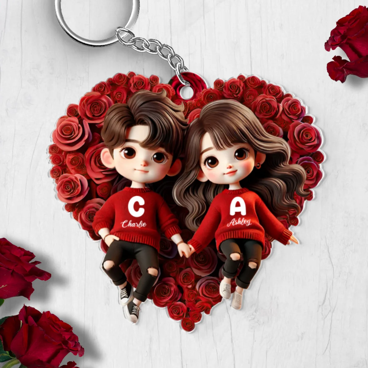 Cute Couple Lying On Rose Heart Personalized Acrylic Keychain, Gift For Him, Gift For Her, Gift For Valentine's Day - Image 6
