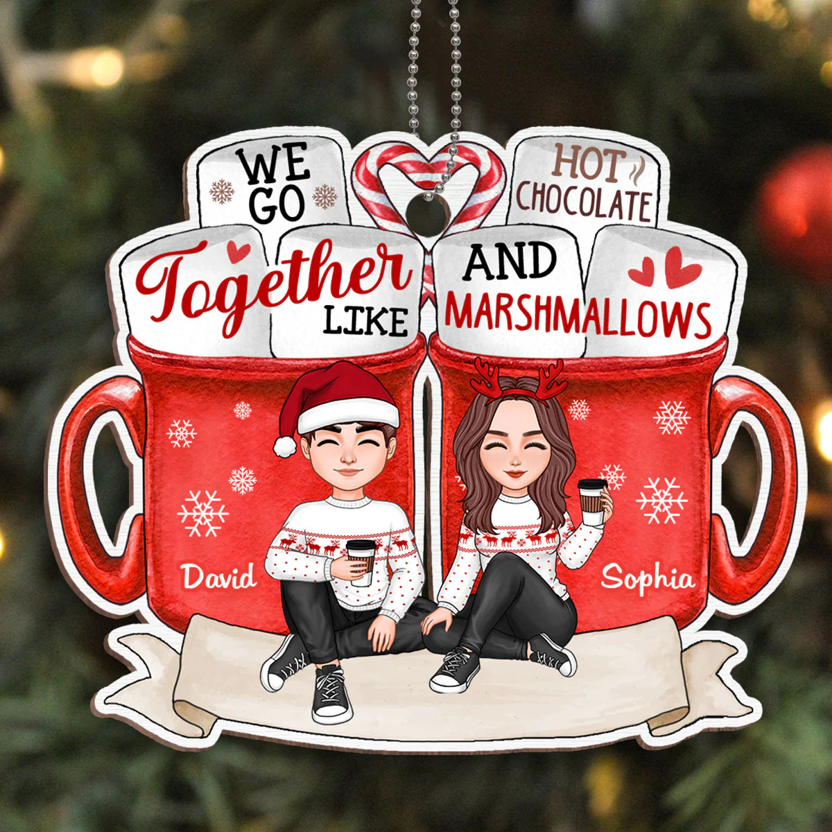 Cute Couple Sitting Hot Chocolate Personalized Wooden Ornament - Image 2