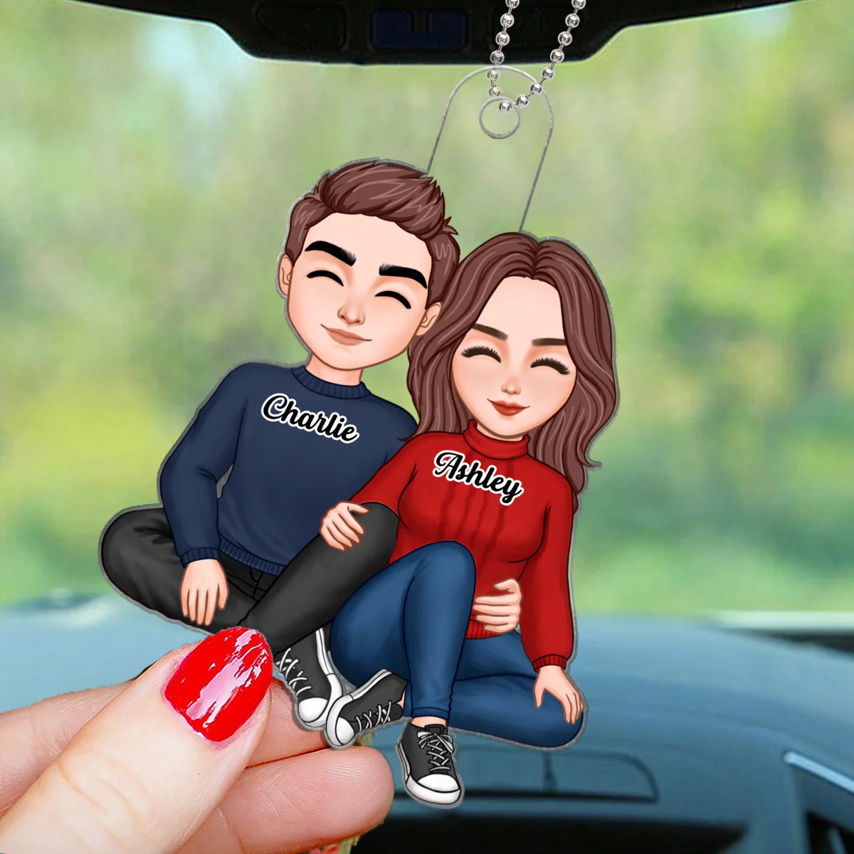Cute Couple Sitting Hugging Personalized Acrylic Car Hanging Ornament - Image 2