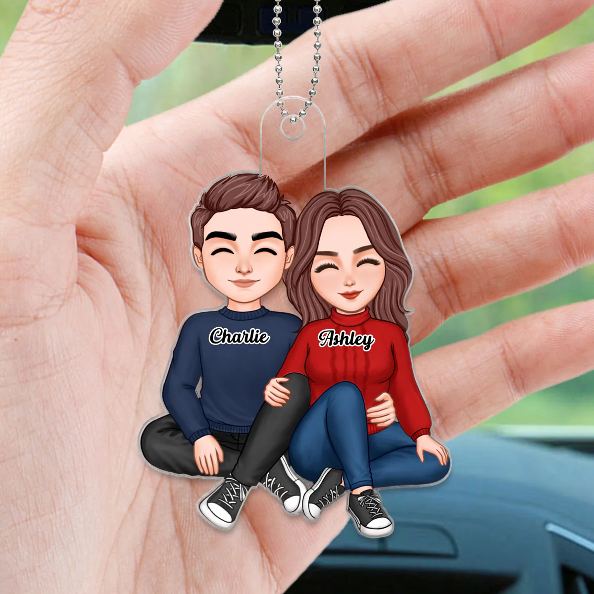 Cute Couple Sitting Hugging Personalized Acrylic Car Hanging Ornament - Image 3