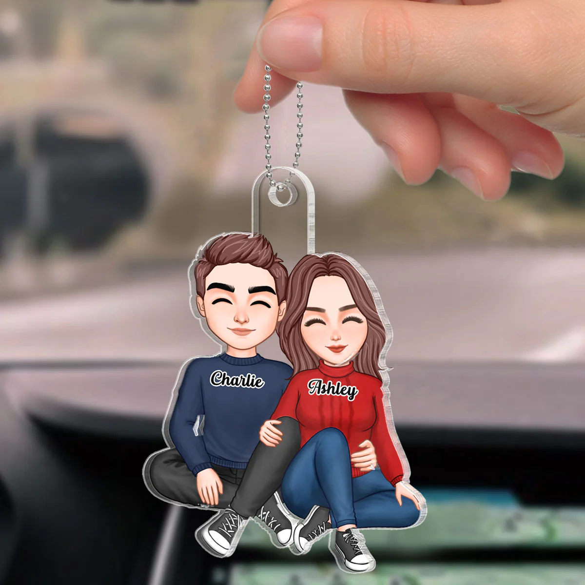 Cute Couple Sitting Hugging Personalized Acrylic Car Hanging Ornament - Image 4