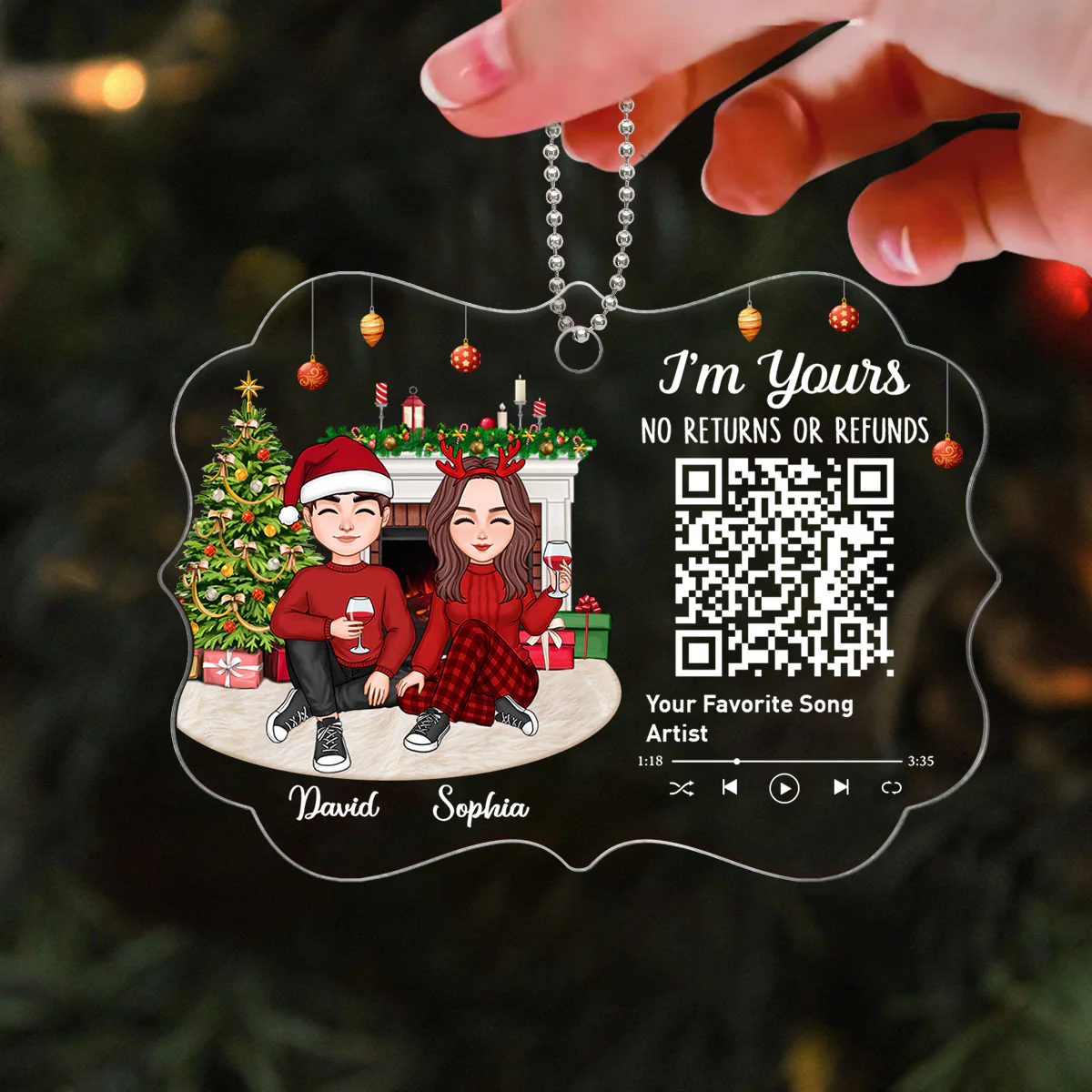 Cute Couple Sitting In House Favorite Song Scannable QR Code Christmas Personalized Christmas Ornament - Image 3