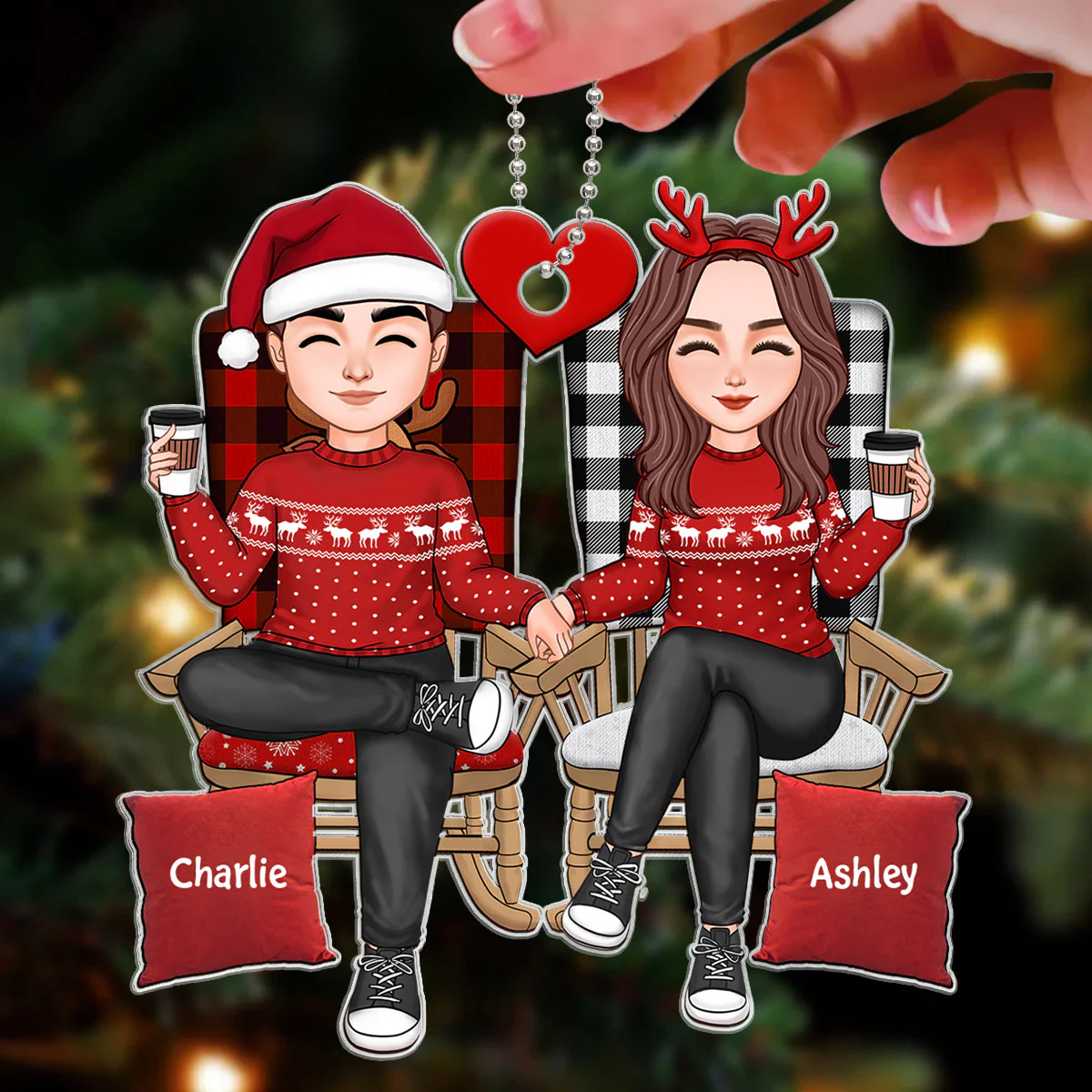 Cute Couple Sitting On Chair Personalized Acrylic Ornament - Image 3