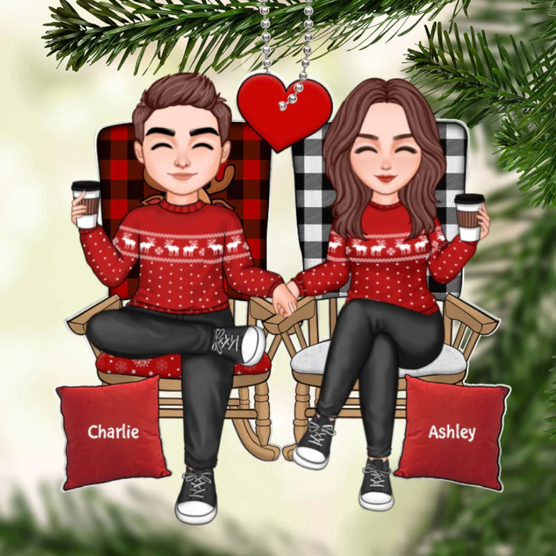 Cute Couple Sitting On Chair Personalized Acrylic Ornament - Image 5
