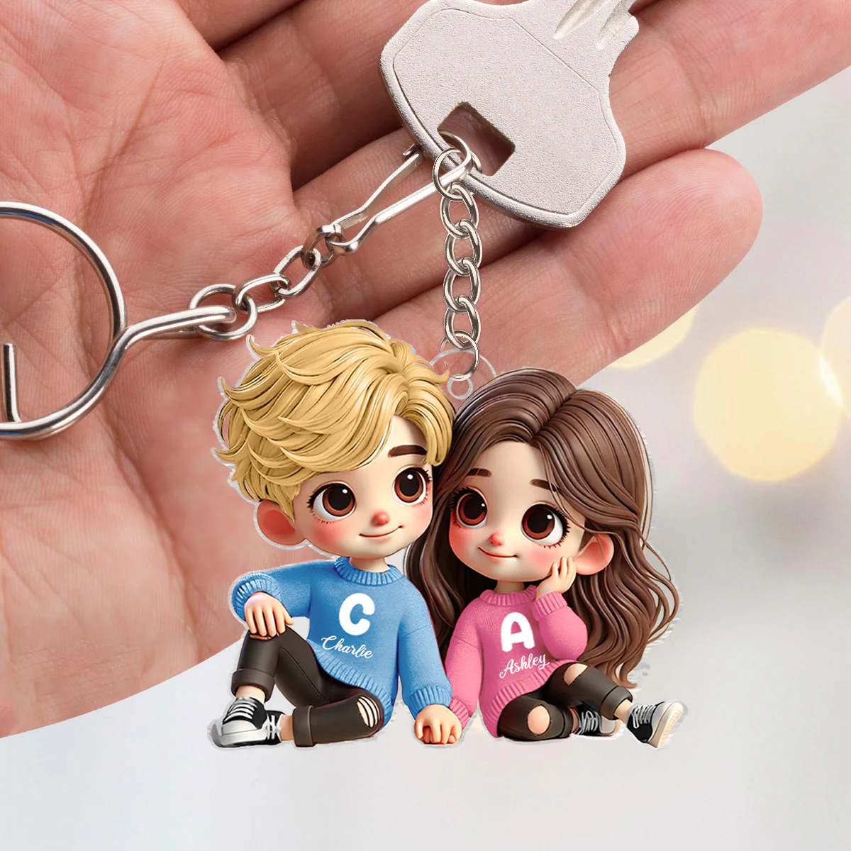 Cute Couple Sitting Together Personalized Acrylic Keychain, Gift for him, Gift for her - Image 2