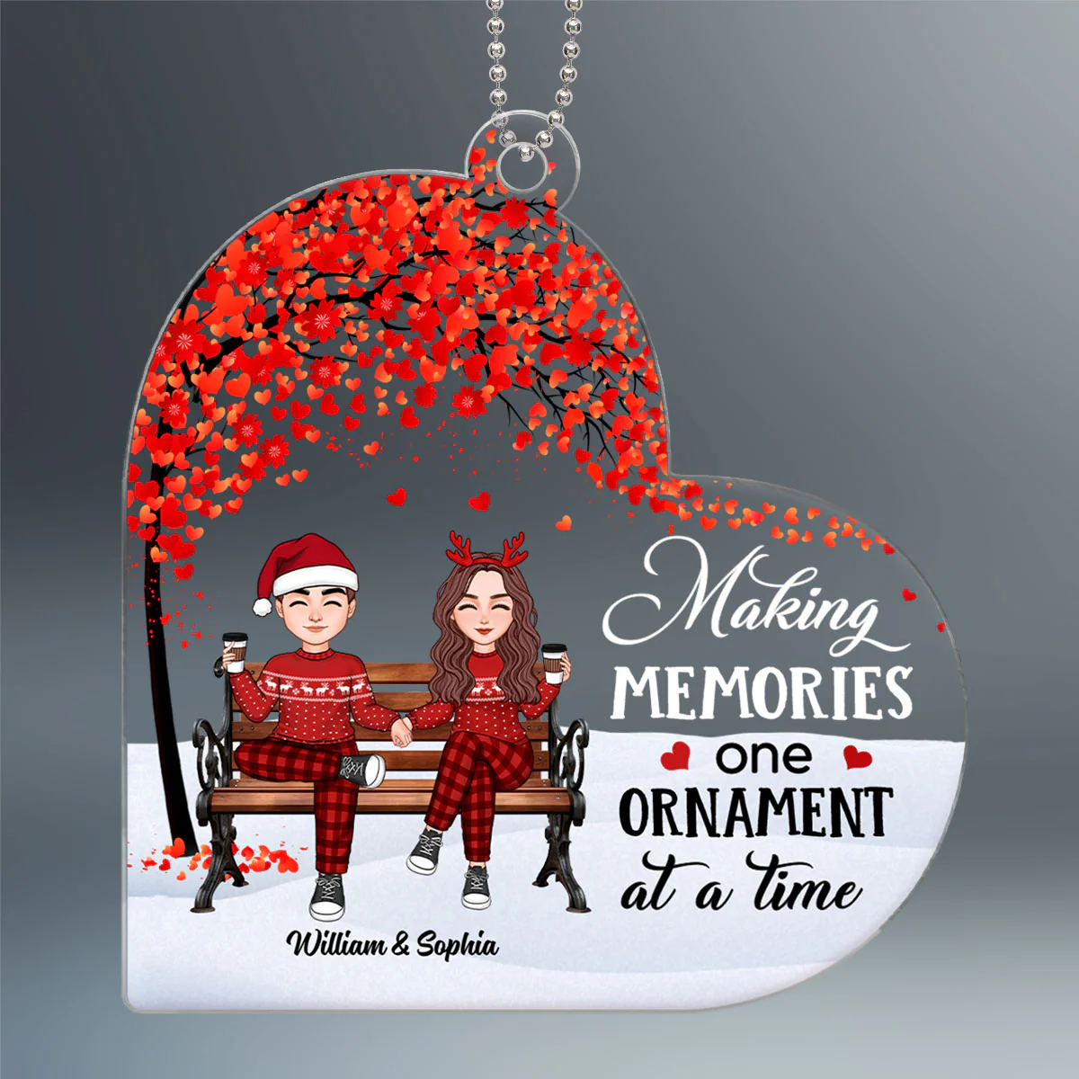 Cute Couple Sitting Under Tree Personalized Heart Shaped Acrylic Ornament - Image 2