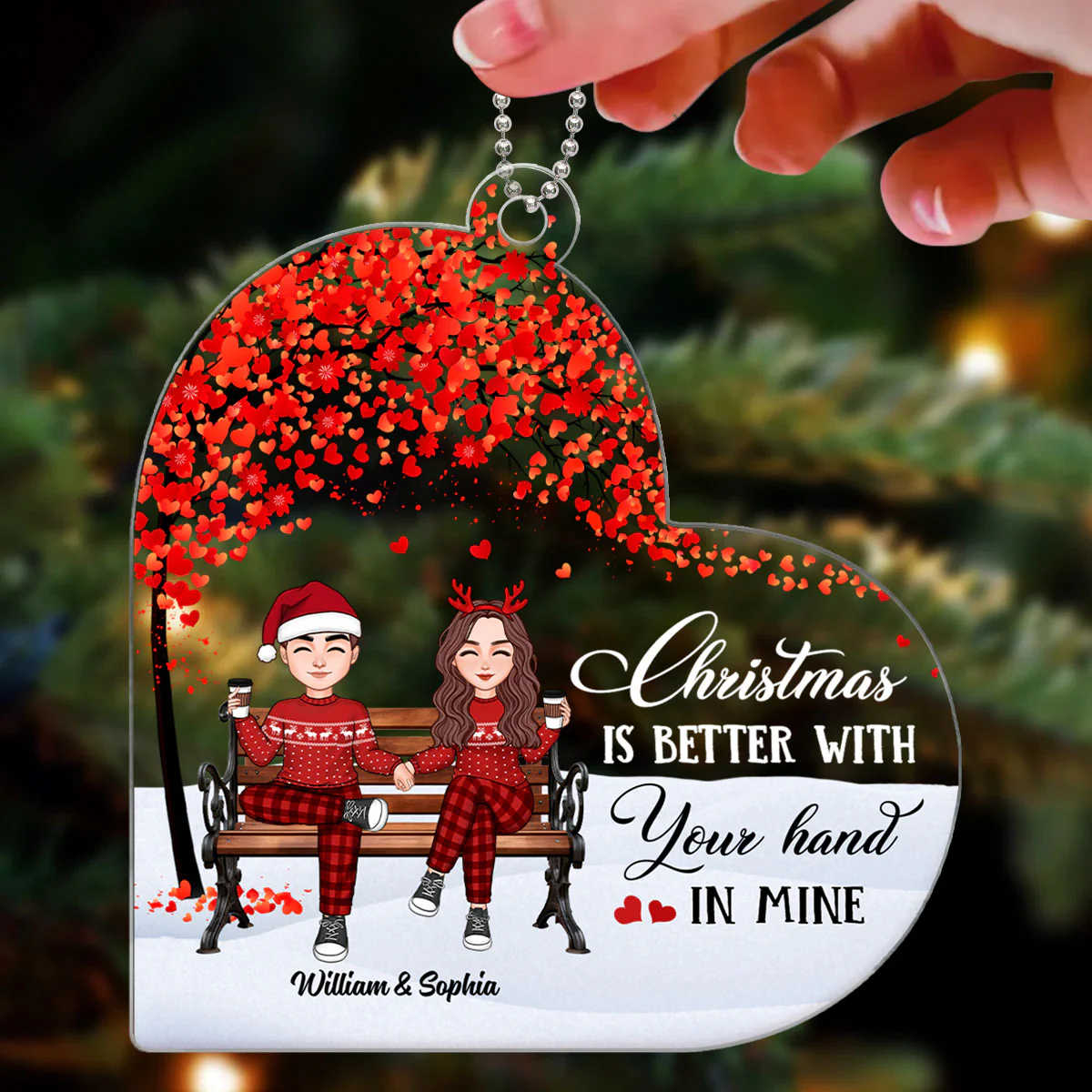 Cute Couple Sitting Under Tree Personalized Heart Shaped Acrylic Ornament - Image 3