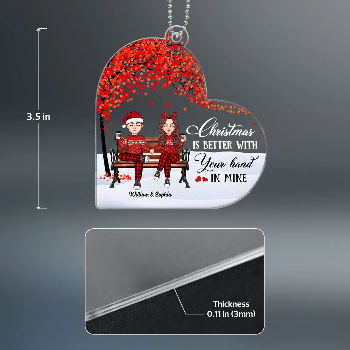 Cute Couple Sitting Under Tree Personalized Heart Shaped Acrylic Ornament - Image 4