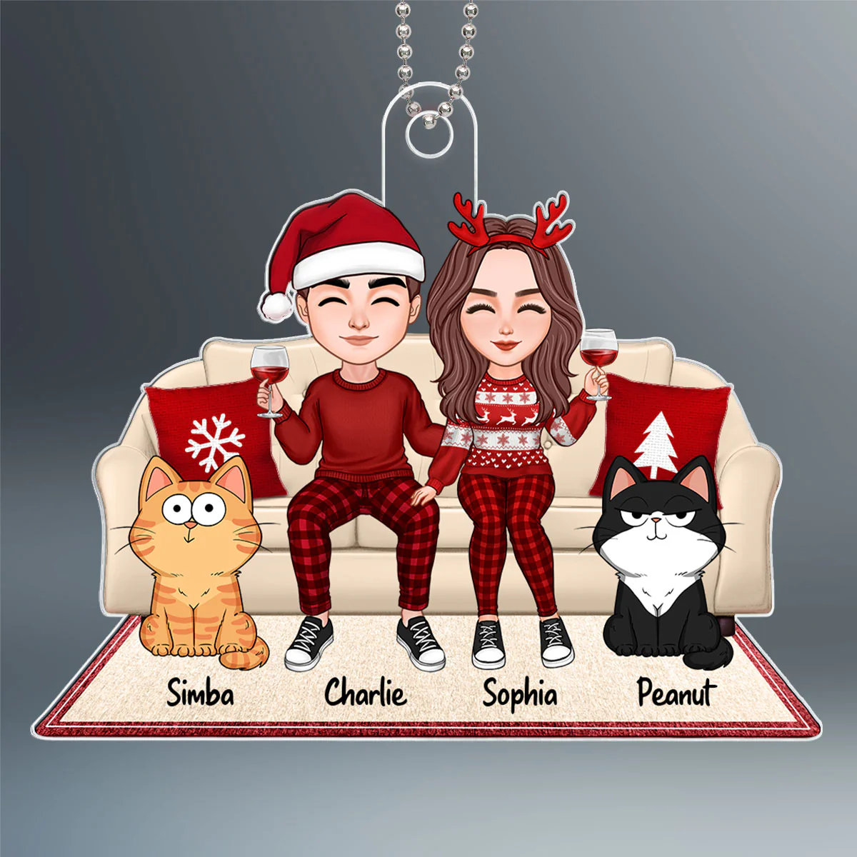 Cute Couple Sitting With Fluffy Funny Expression Cats On Christmas Sofa Personalized Acrylic Ornament - Image 2