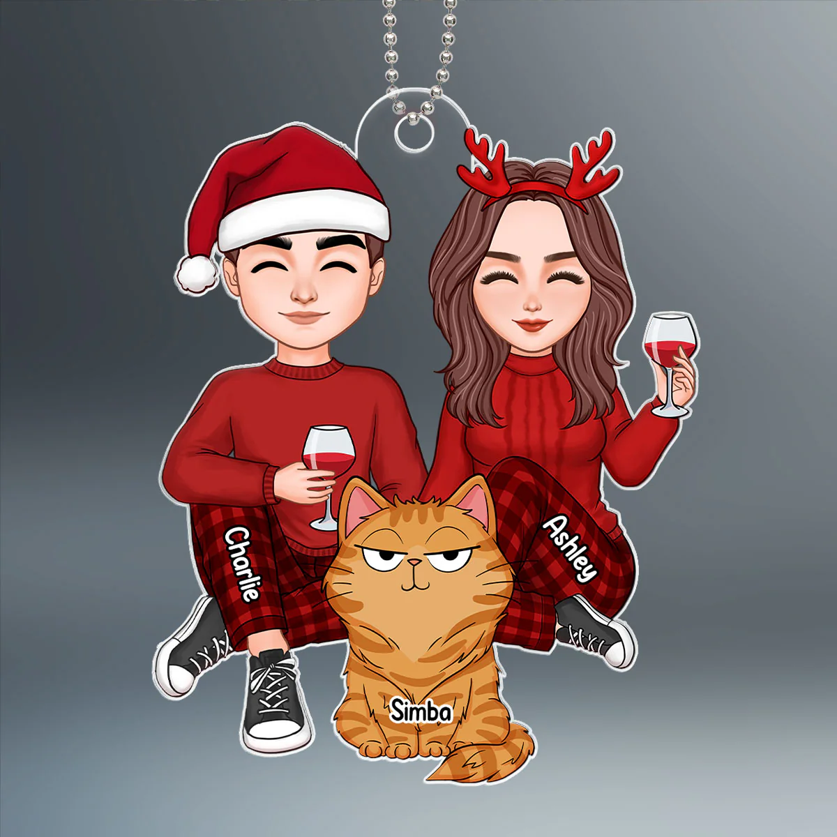 Cute Couple Sitting With Fluffy Funny Expression Cats Personalized Acrylic Ornament - Image 2