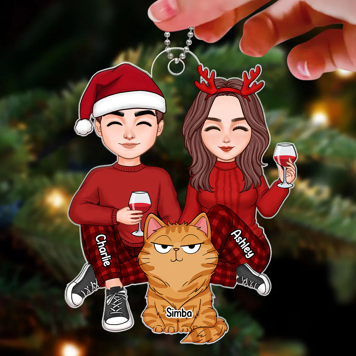 Cute Couple Sitting With Fluffy Funny Expression Cats Personalized Acrylic Ornament - Image 3