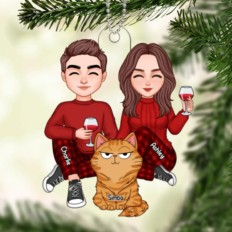Cute Couple Sitting With Fluffy Funny Expression Cats Personalized Acrylic Ornament - Image 5