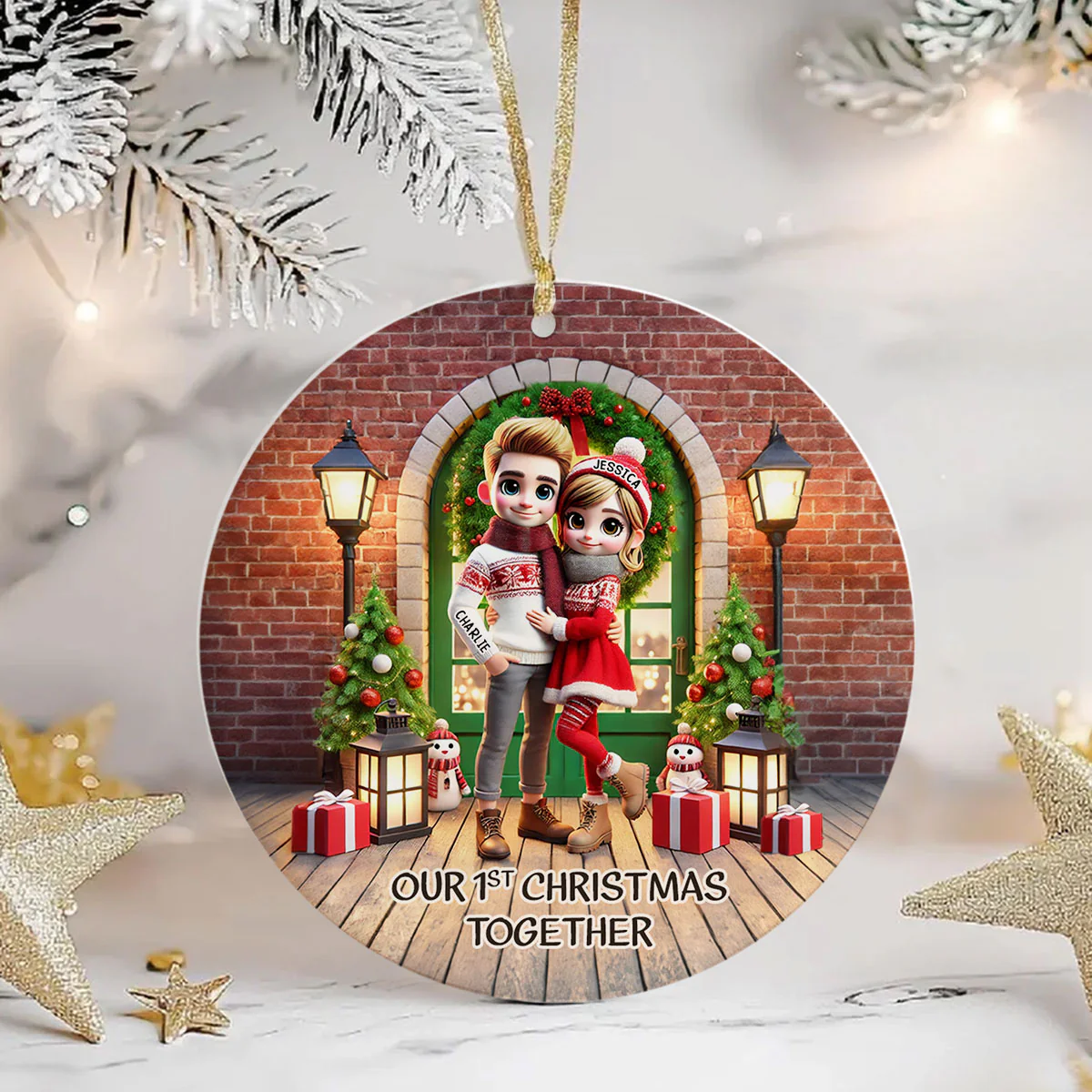 Cute Couple Standing In Front of Door Personalized Ceramic Ornament, Christmas Gift for Him, Gift for Her - Image 5