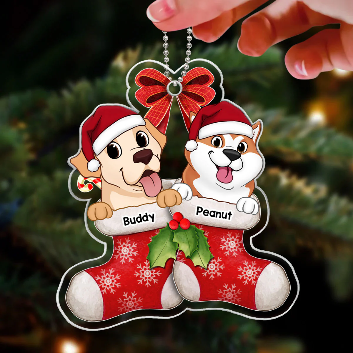 Cute Dogs On Christmas Stockings Personalized Acrylic Ornament - Image 3