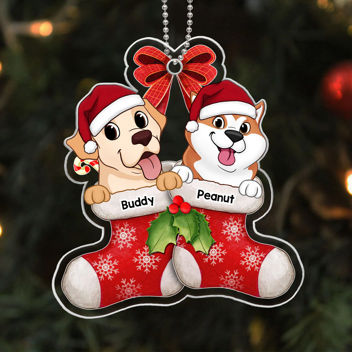 Cute Dogs On Christmas Stockings Personalized Acrylic Ornament - Image 4