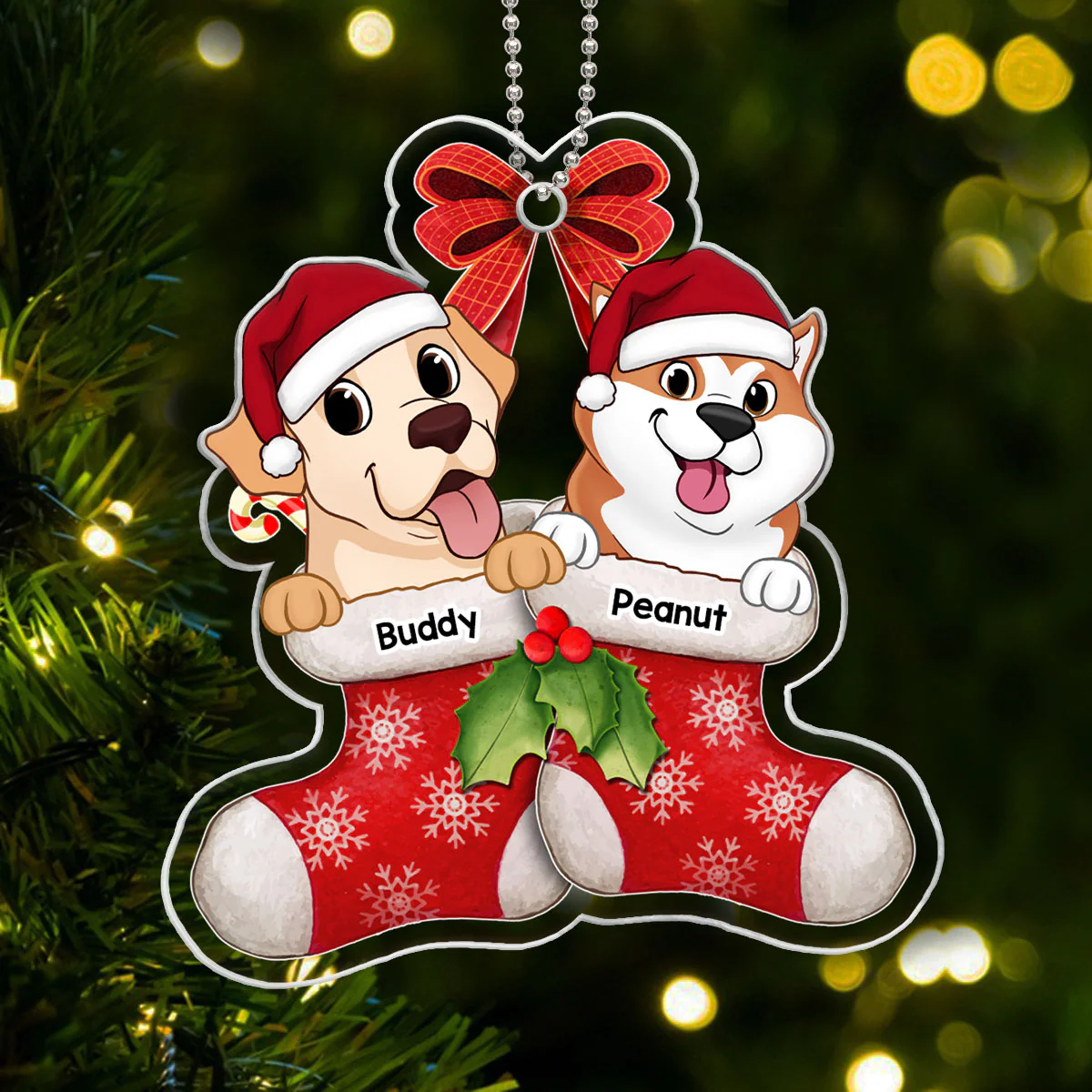 Cute Dogs On Christmas Stockings Personalized Acrylic Ornament - Image 5