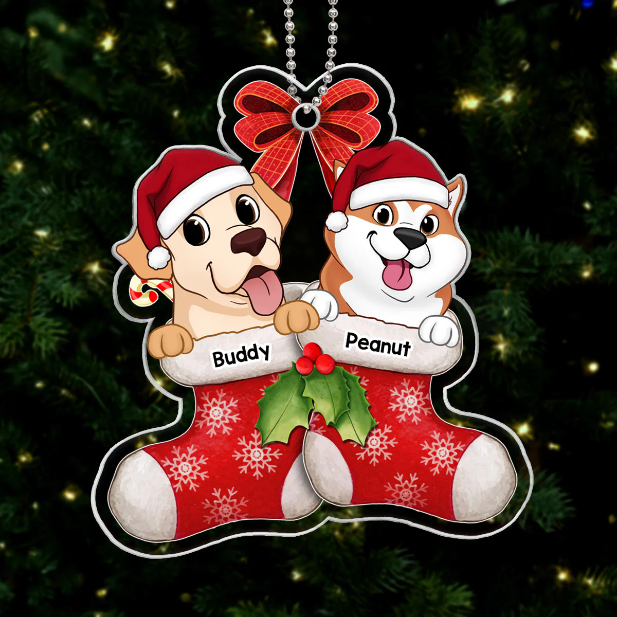Cute Dogs On Christmas Stockings Personalized Acrylic Ornament - Image 6