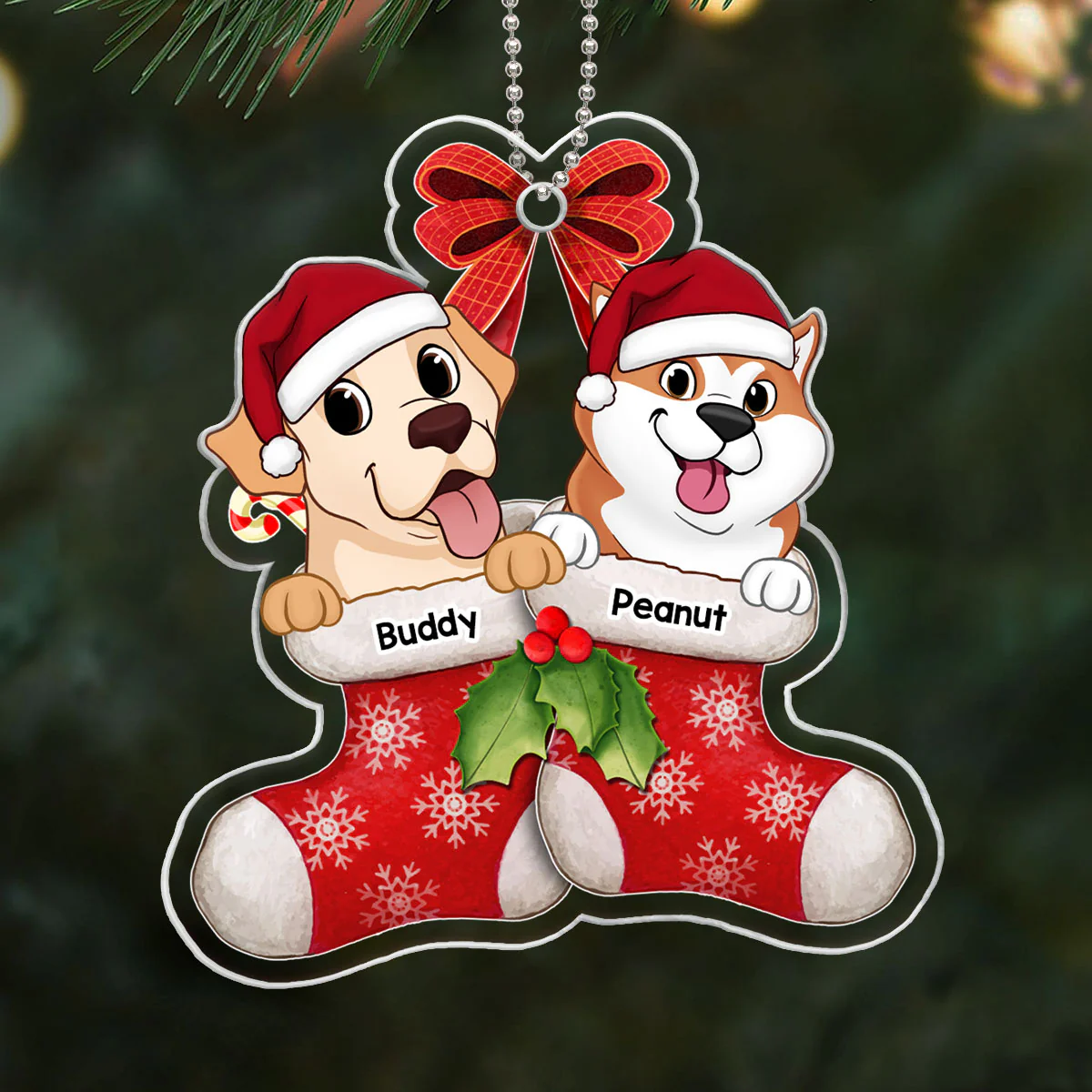 Cute Dogs On Christmas Stockings Personalized Acrylic Ornament - Image 7