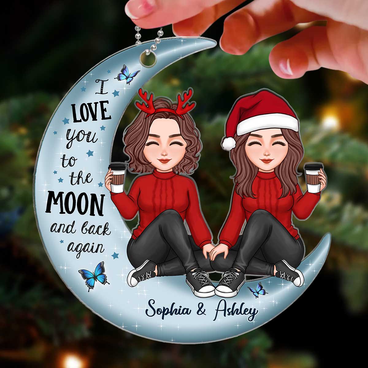 Cute Doll Besties On Moon Gift For Best Friend Personalized Acrylic Ornament - Image 3