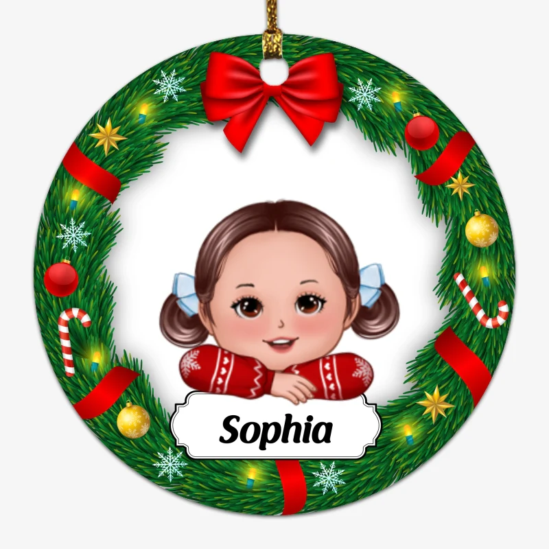 Cute Doll Kids Laying Head On Arms Inside Christmas Wreath Personalized Circle Ornament - Image 4
