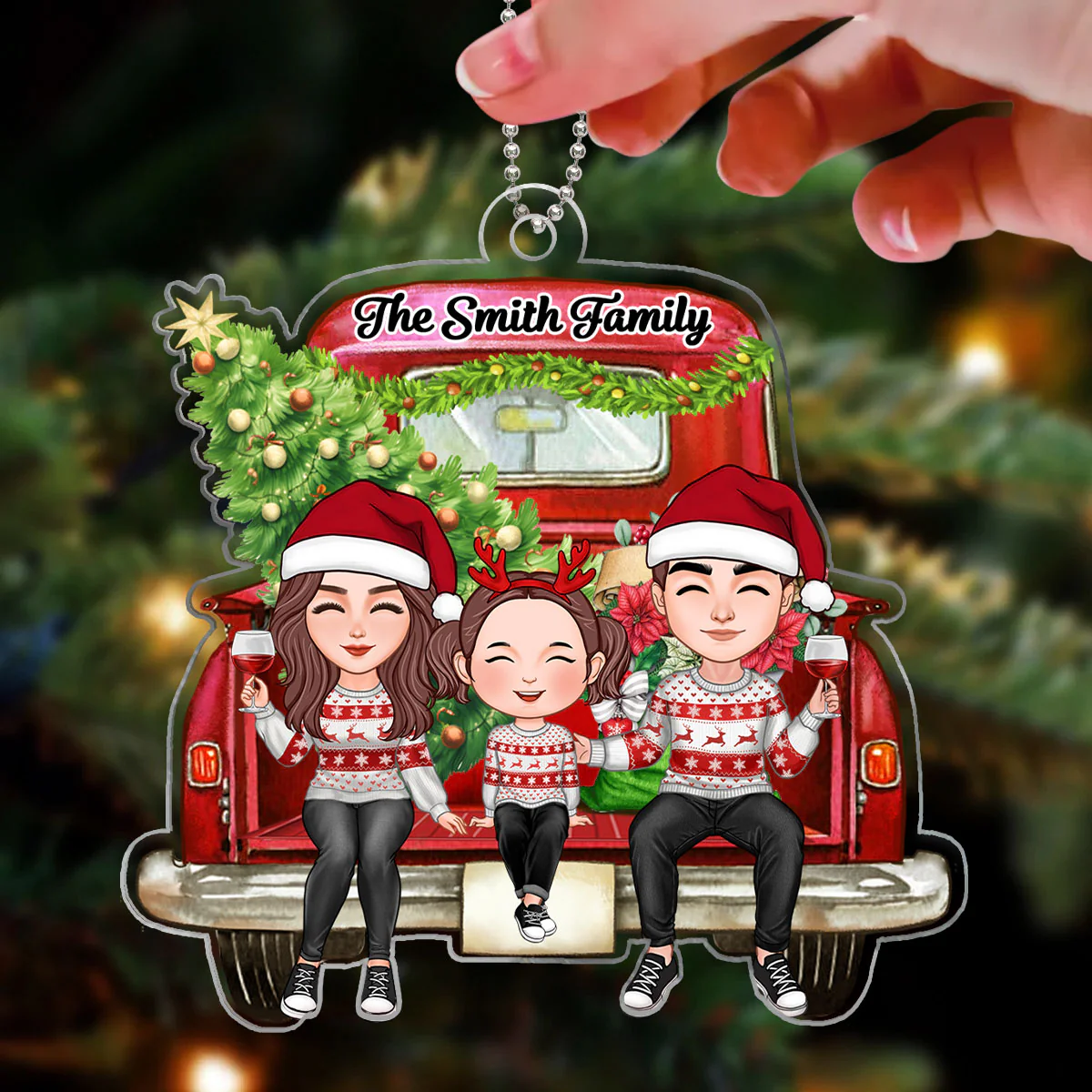 Cute Family Couple Dad Mom Kids On Christmas Truck Personalized Acrylic Ornament - Image 3