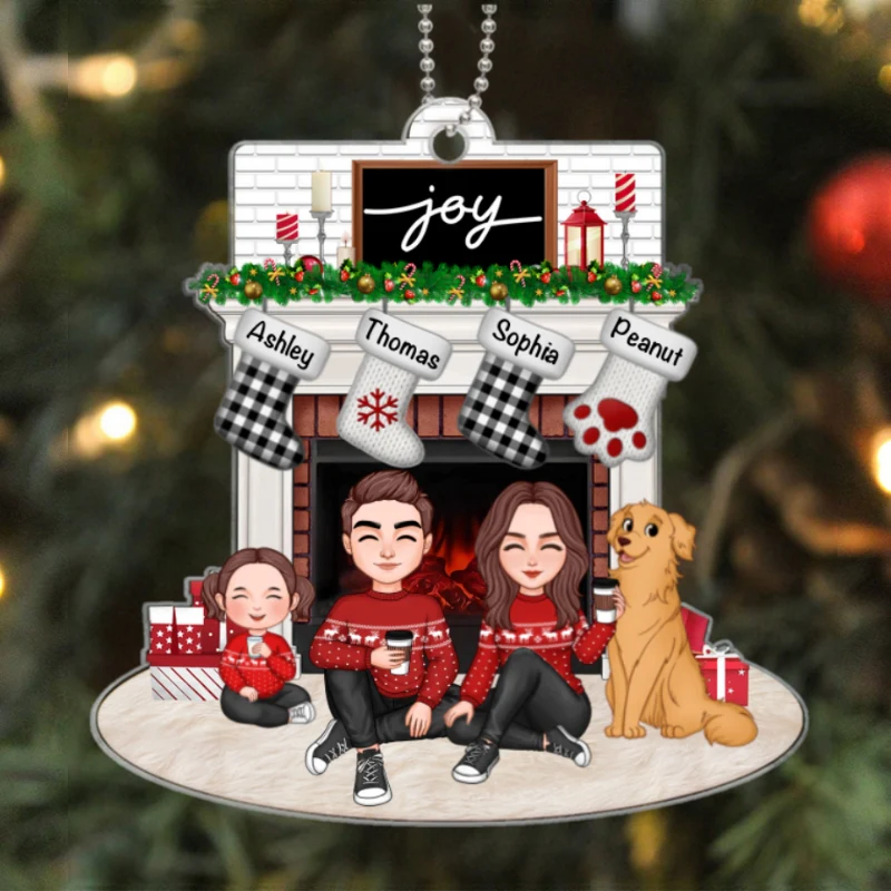 Cute Family Dad Mom Kids Dogs Cats Sitting At Christmas Fireplace Personalized Acrylic Ornament - Image 6