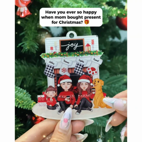 Cute Family Dad Mom Kids Dogs Cats Sitting At Christmas Fireplace Personalized Acrylic Ornament - Image 2