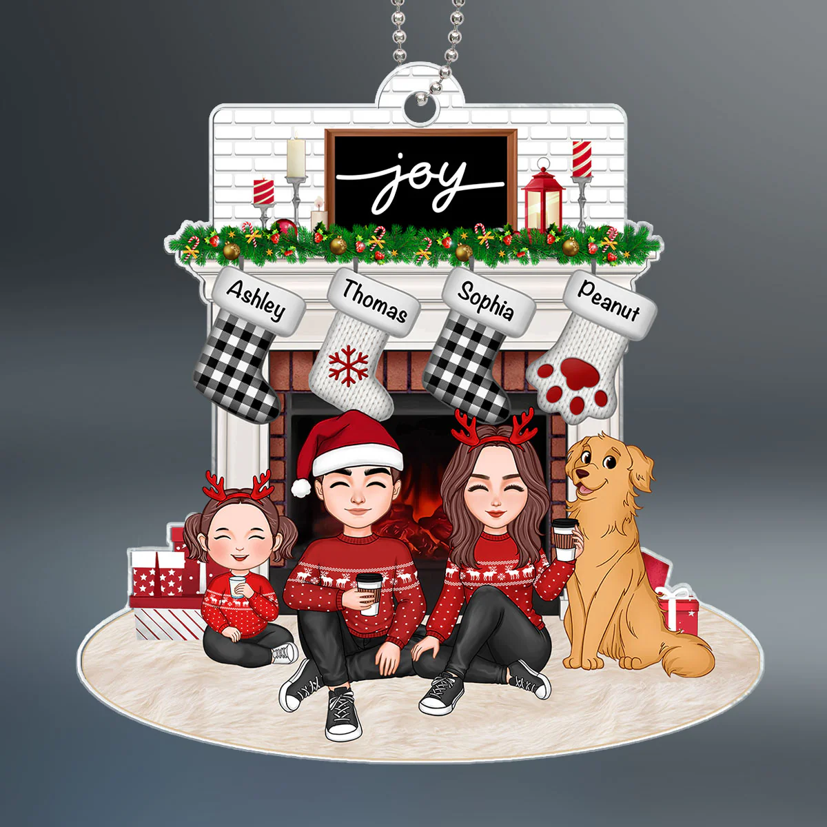 Cute Family Dad Mom Kids Dogs Cats Sitting At Christmas Fireplace Personalized Acrylic Ornament - Image 3
