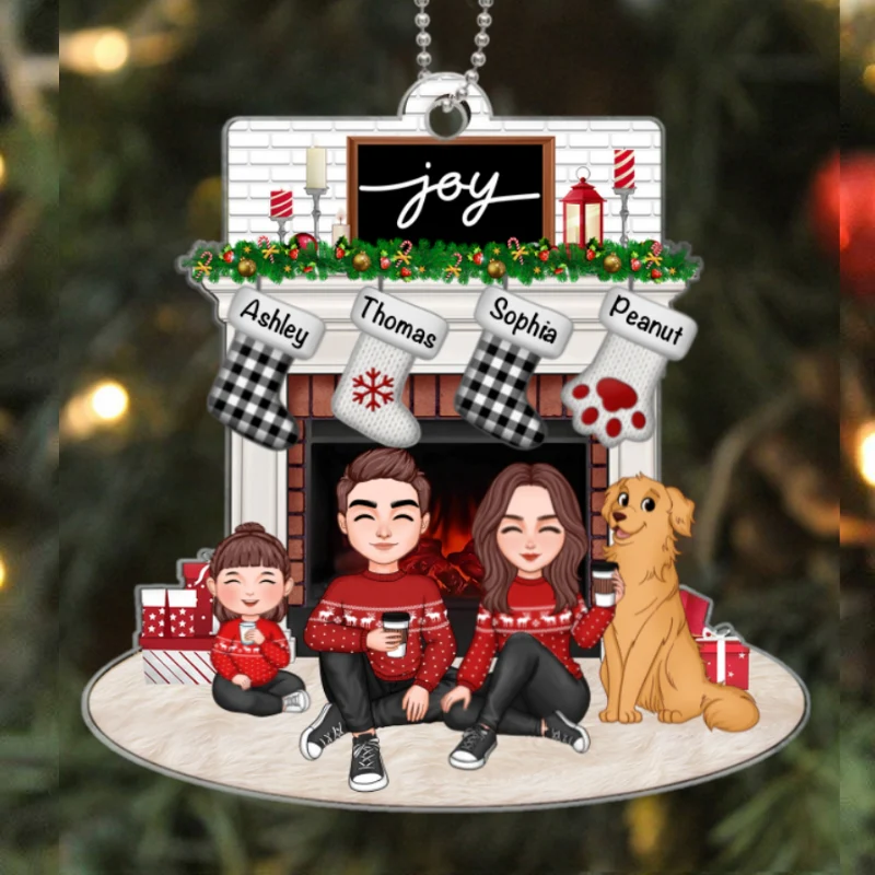 Cute Family Dad Mom Kids Dogs Cats Sitting At Christmas Fireplace Personalized Acrylic Ornament - Image 5