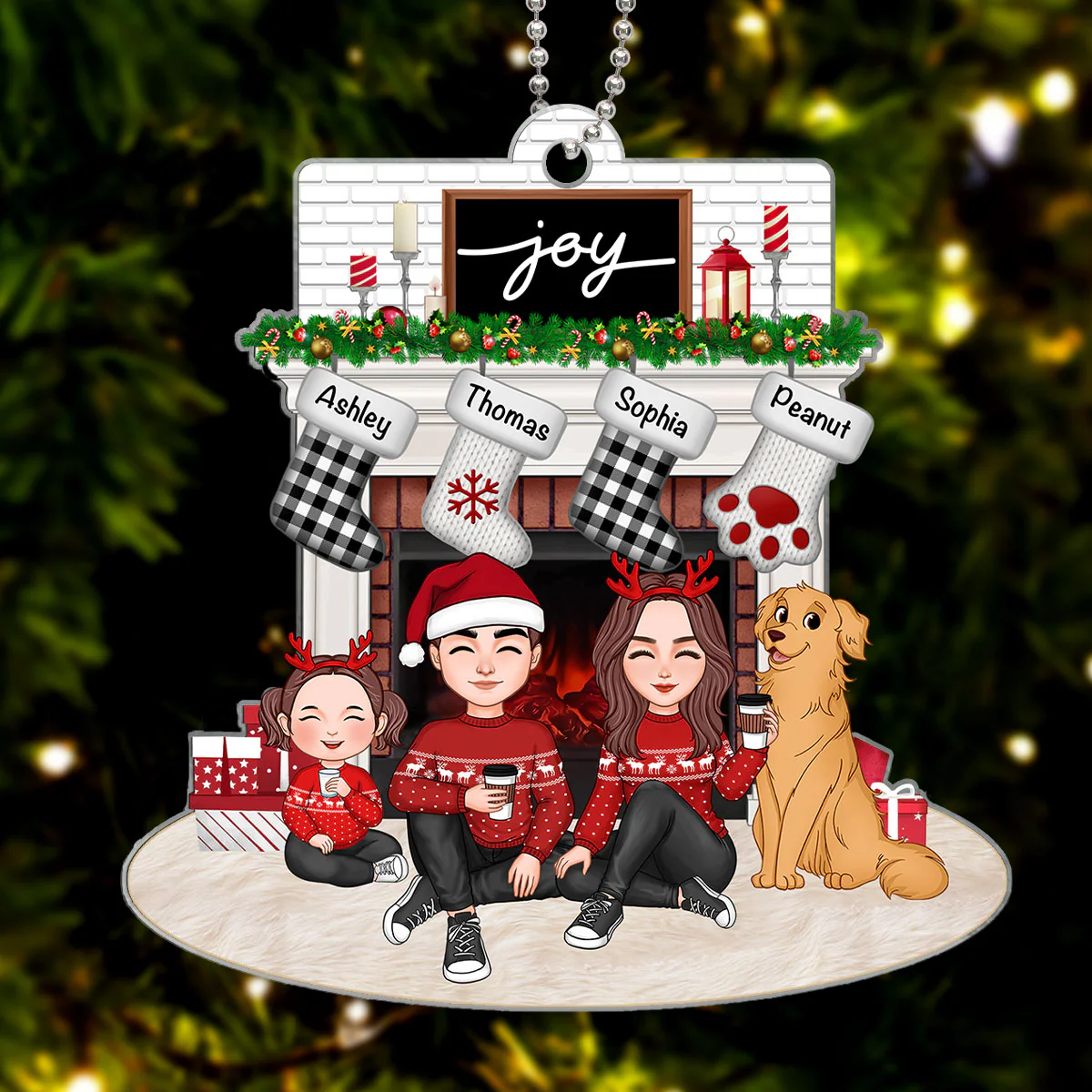 Cute Family Dad Mom Kids Dogs Cats Sitting At Christmas Fireplace Personalized Acrylic Ornament - Image 6