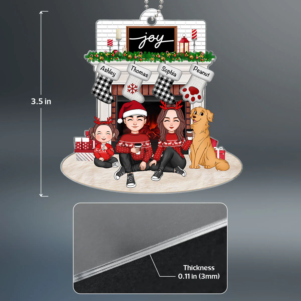 Cute Family Dad Mom Kids Dogs Cats Sitting At Christmas Fireplace Personalized Acrylic Ornament - Image 9