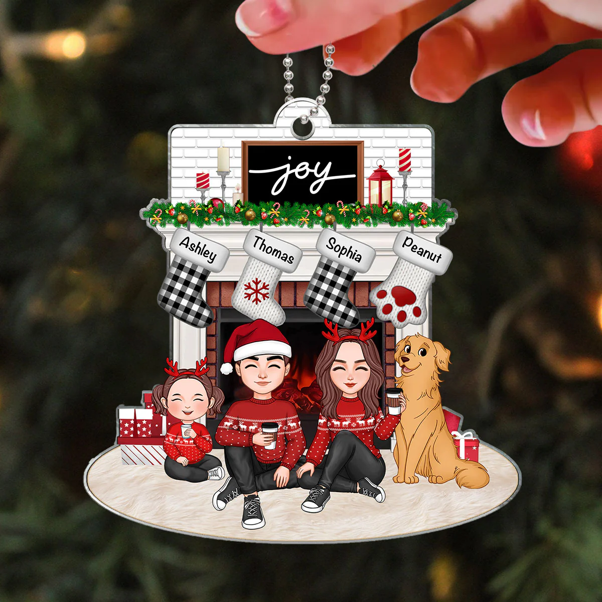 Cute Family Dad Mom Kids Dogs Cats Sitting At Christmas Fireplace - Personalized Acrylic Ornament - Image 9