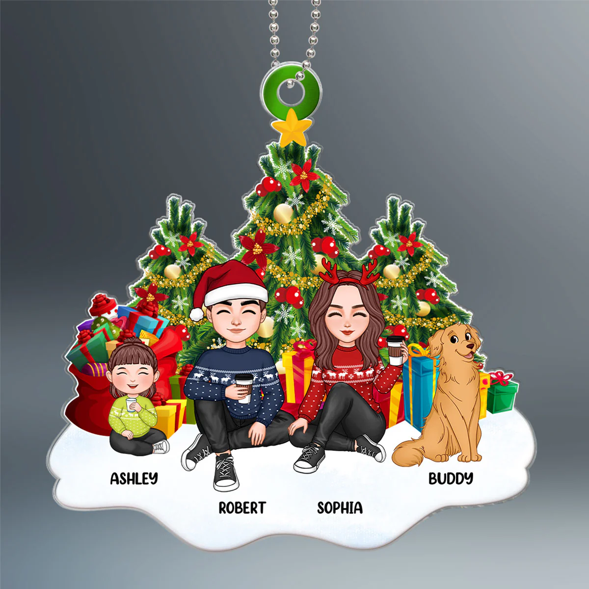 Cute Family Dad Mom Kids Dogs Cats Sitting At Christmas Tree Personalized Acrylic Ornament - Image 2
