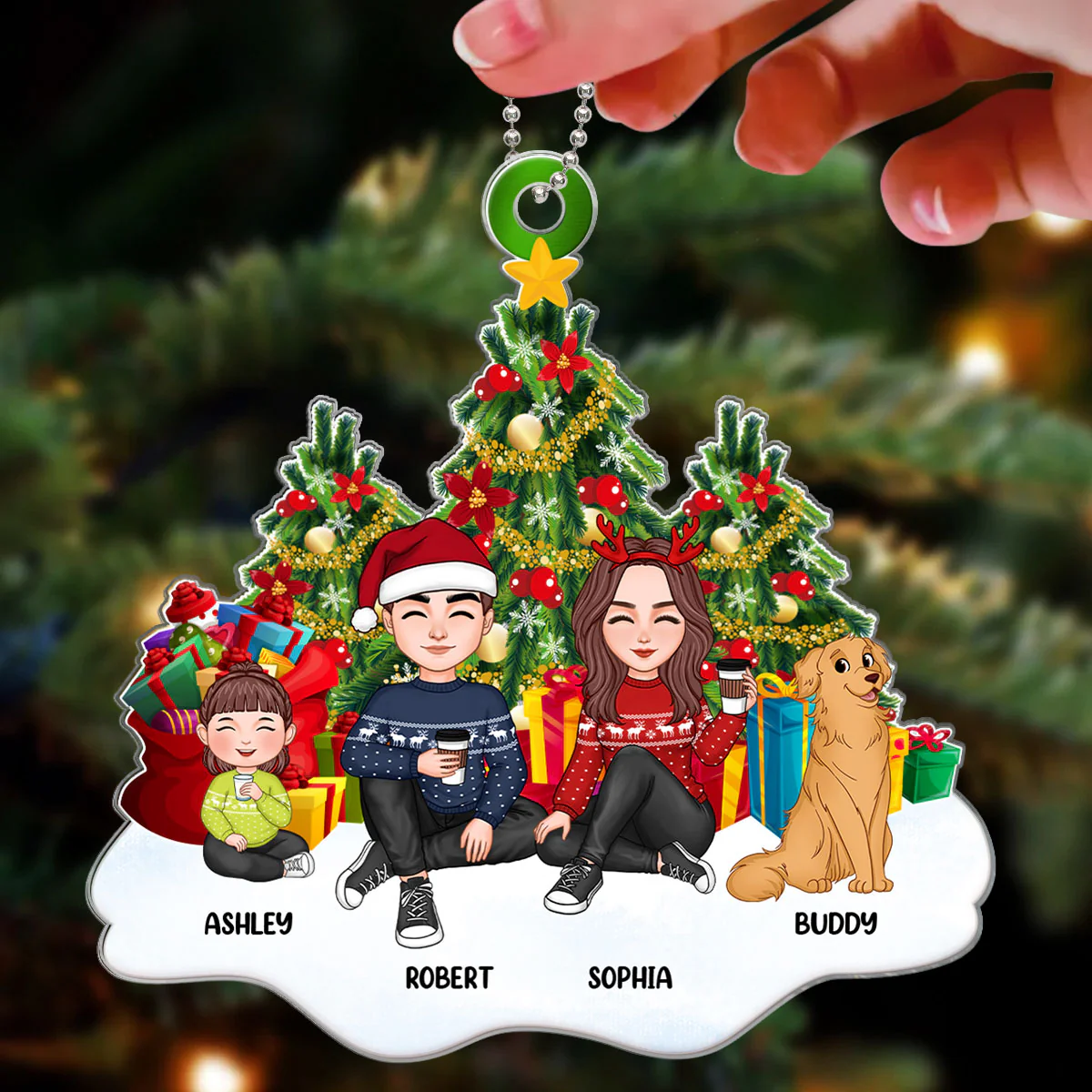 Cute Family Dad Mom Kids Dogs Cats Sitting At Christmas Tree Personalized Acrylic Ornament - Image 3