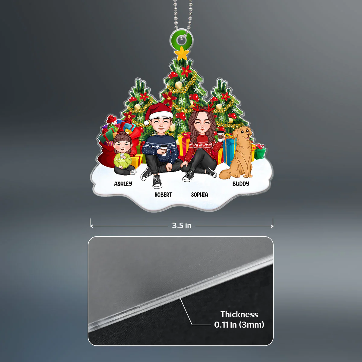 Cute Family Dad Mom Kids Dogs Cats Sitting At Christmas Tree Personalized Acrylic Ornament - Image 4