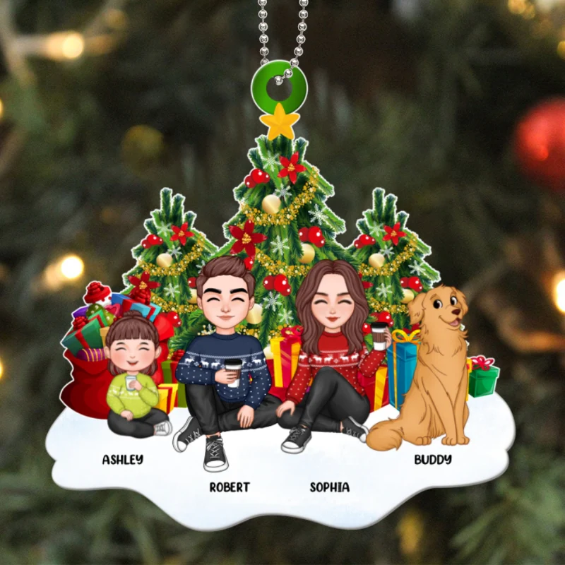 Cute Family Dad Mom Kids Dogs Cats Sitting At Christmas Tree Personalized Acrylic Ornament - Image 5
