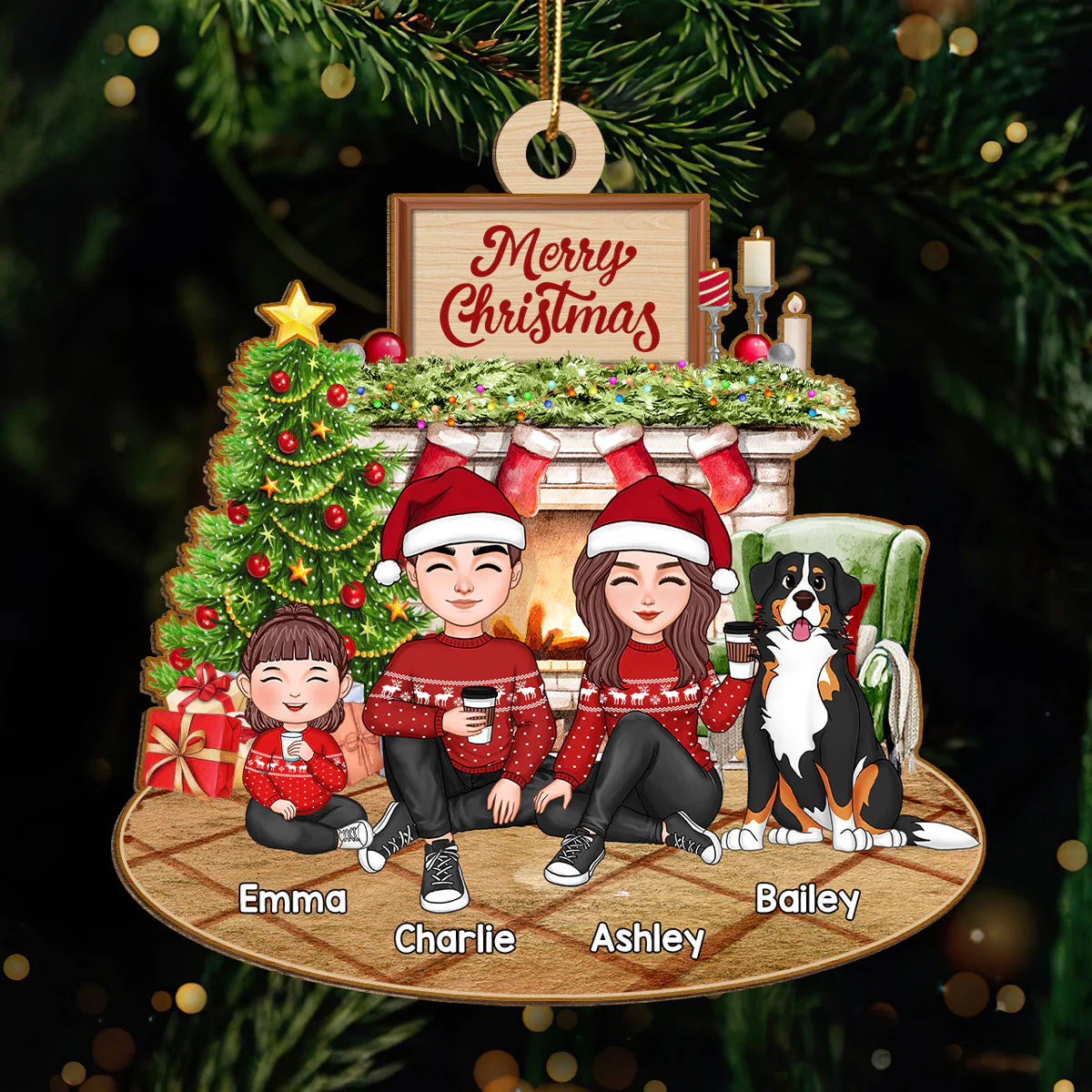 Cute Family Dad Mom Kids Dogs Cats Sitting At Fireplace - Personalized Ornament - Image 2