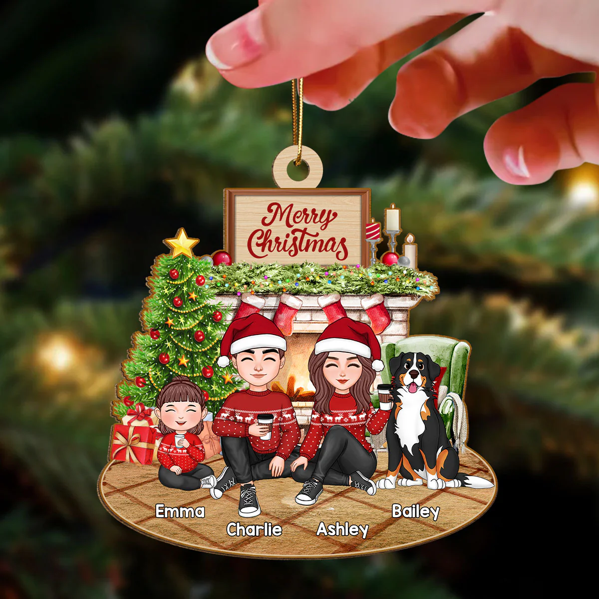 Cute Family Dad Mom Kids Dogs Cats Sitting At Fireplace - Personalized Ornament - Image 3