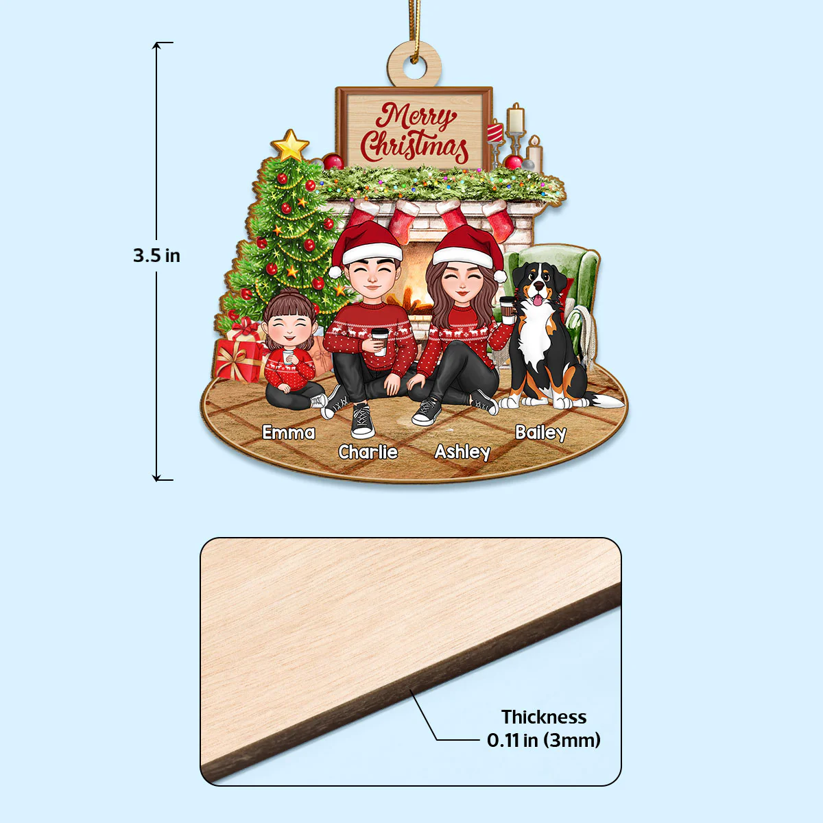 Cute Family Dad Mom Kids Dogs Cats Sitting At Fireplace - Personalized Ornament - Image 4