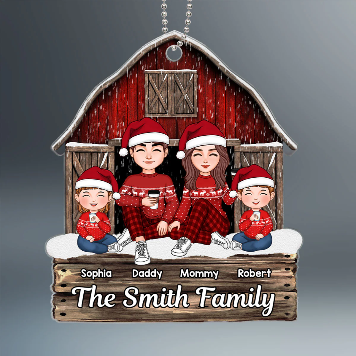 Cute Family Dad Mom Kids Dogs Cats Sitting At Red Barn Tree Farm Personalized Acrylic Ornament - Image 2
