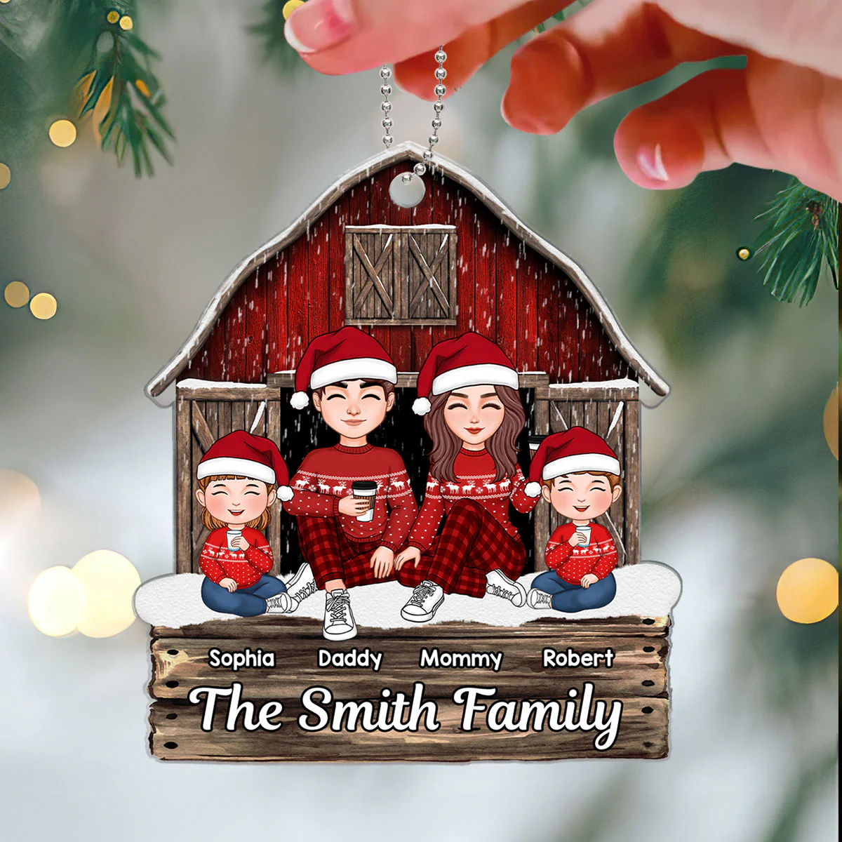 Cute Family Dad Mom Kids Dogs Cats Sitting At Red Barn Tree Farm Personalized Acrylic Ornament - Image 3