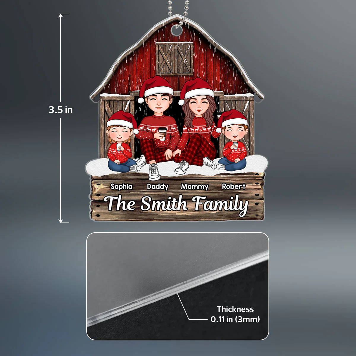Cute Family Dad Mom Kids Dogs Cats Sitting At Red Barn Tree Farm Personalized Acrylic Ornament - Image 4